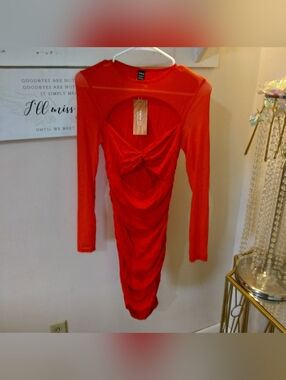 SHEIN Red Long-Sleeve Ruched Bodycon Dress